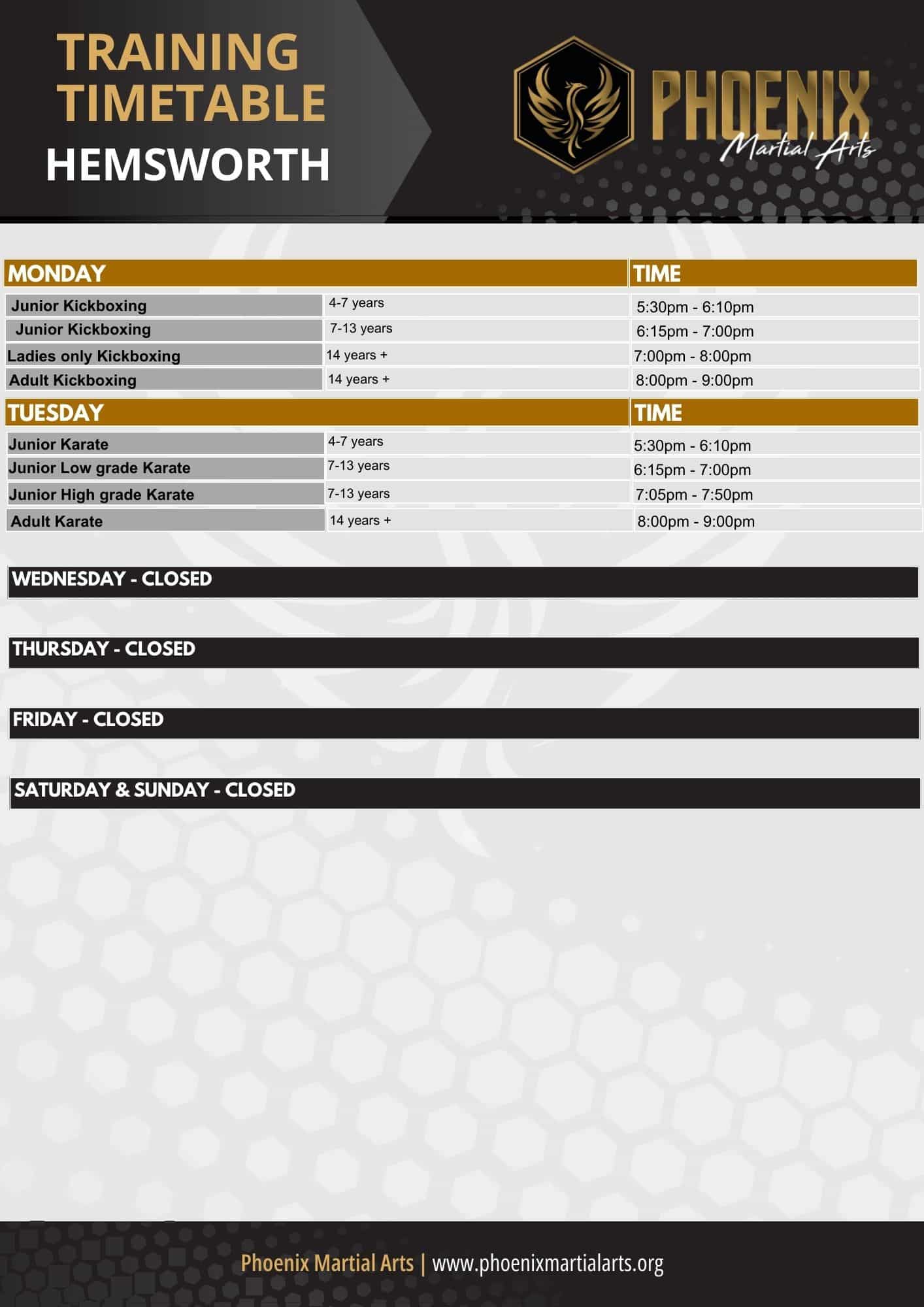 Hemsworth Martial arts timetable